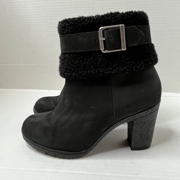 Timberland Atlantic Heights Fur Collar Black Block Heel Boot‎ Size 8.5 - Picture 1 of 11